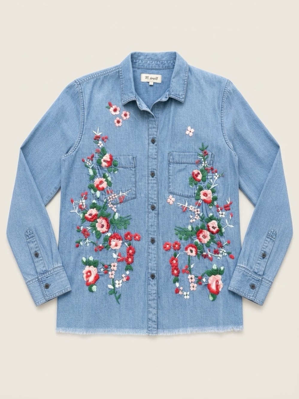 Madewell Floral Embroidered Multicolor Blue Chambray Denim Button Down Shirt M
